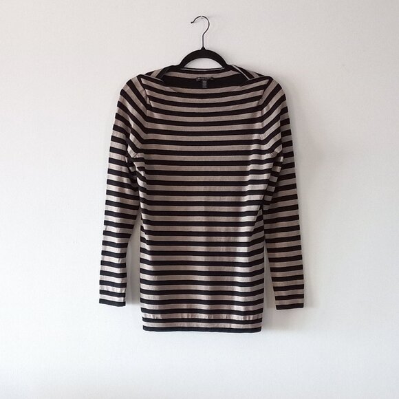 EILEEN FISHER 100% merino wool black and beige striped sweater petite L - Picture 3 of 11